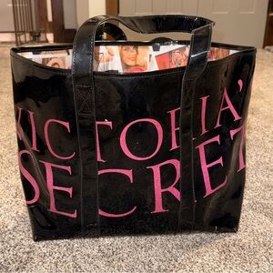 Victoria's Secret Black Patent Pink Glitter Logo Angel Photo Lined Tote Bag